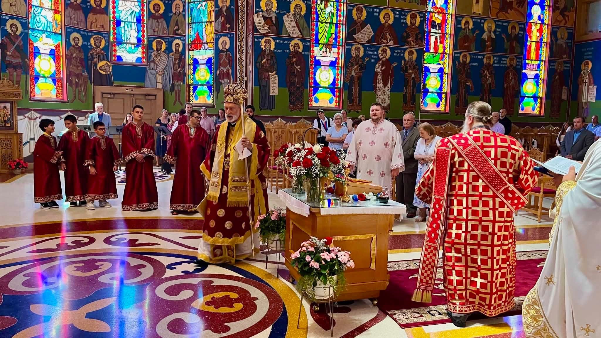 Bishop Irinej processing before the altar during the Hierarchical Divine Liturgy for Vidovdan at St. Sava Cathedral
