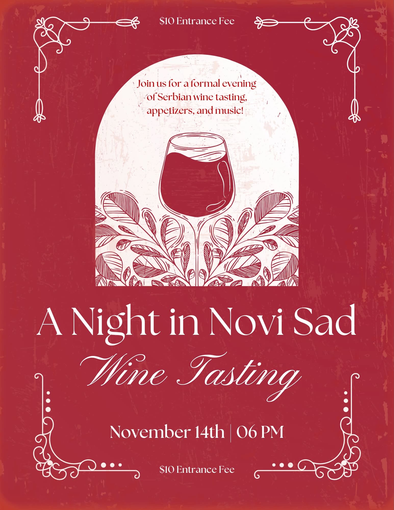 A Night in Novi Sad wine tasting at the Cathedral Hall in Parma, Ohio, November 14, 2026 at 6 PM. Serbian wines, appetizers, and music. $10 entrance fee.